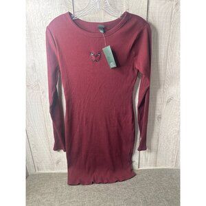 Wild Fable Burgundy Ribbed Knit Long Sleeve Dress w/ Butterfly Patch Womens M